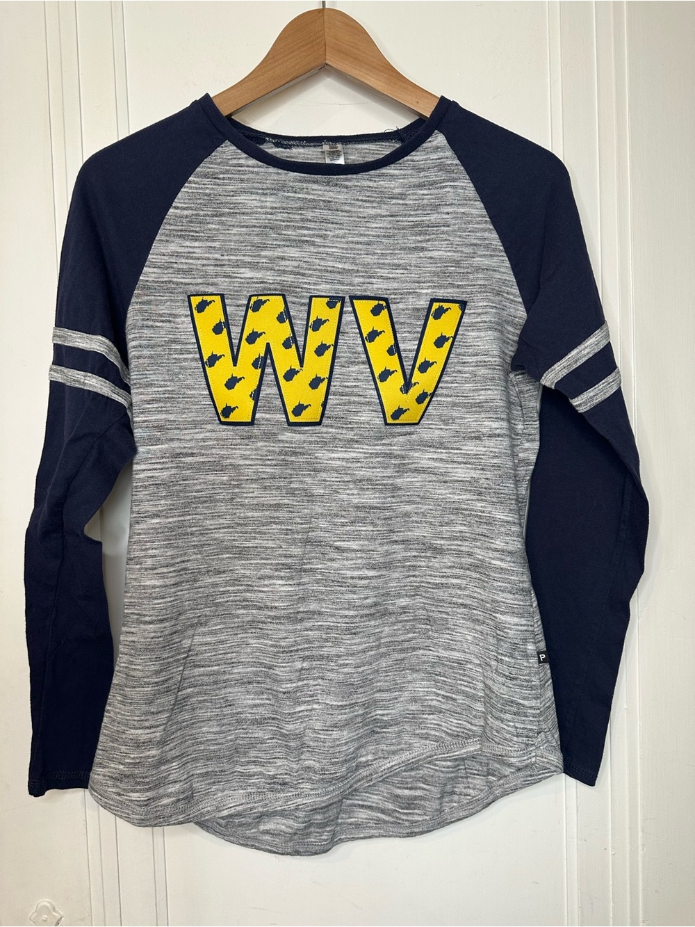 West Virginia University Grey & Navy Raglan Long Sleeve Tee with Yellow WV